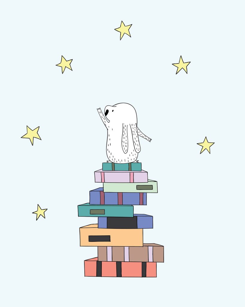 un lapin sur une pile de livre , veut attraper les étoiles