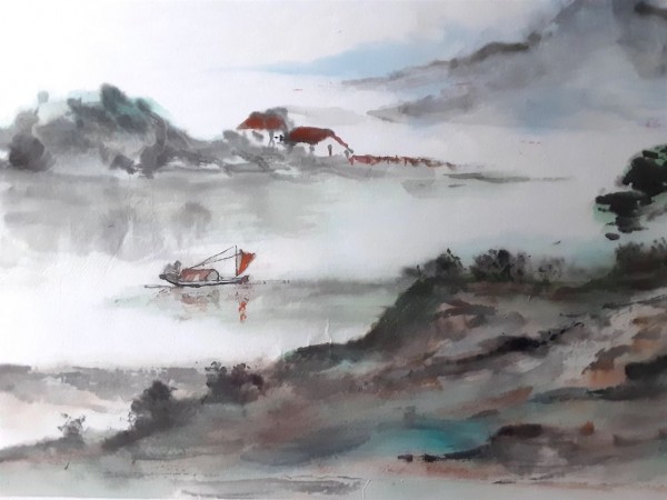 Bateau sur un lac 41x31cm