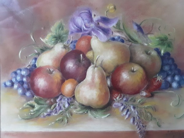 Corbeille de fruits, iris, glycine 51x41cm