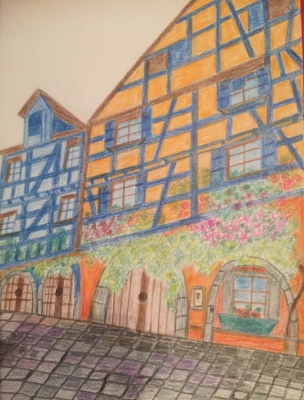 Maisons alsaciennes - crayons de couleur