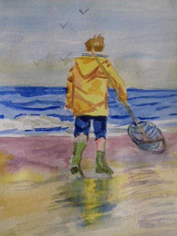 Pêcheur bord de mer - aquarelle