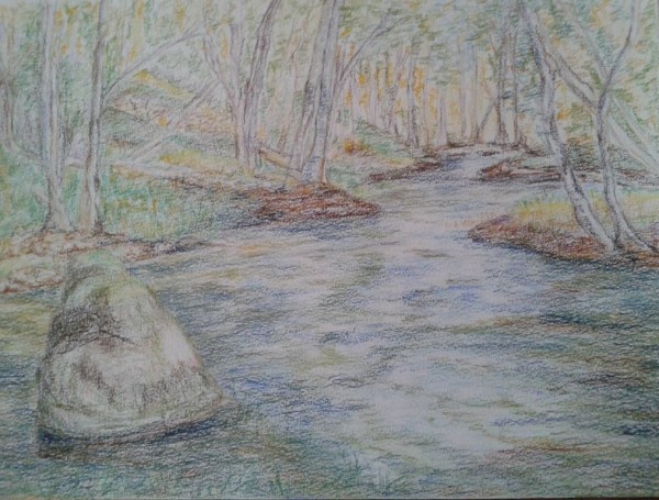 Rivière en forêt - crayons de couleur