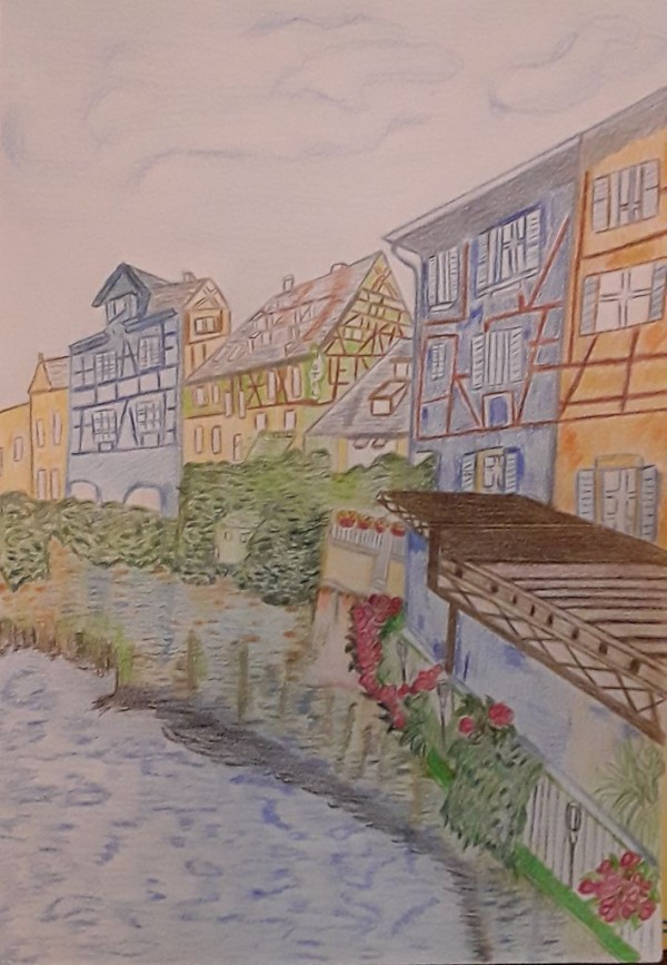 Bord de rivière bleue - Colmar - aquarelle et crayons
