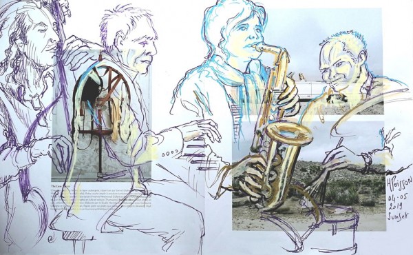 Géraldine LAURENT saxophoniste avec René URTREGER pianiste - marqueurs sur papier brillant imprimé
