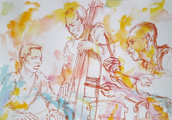 contrebassiste, auteur-compositeur en trio - aquarelle